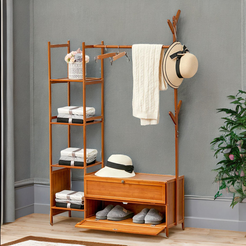 6 - Hook Wooden Bamboo Coat Rack With Storage Entryway Hallway Furniture