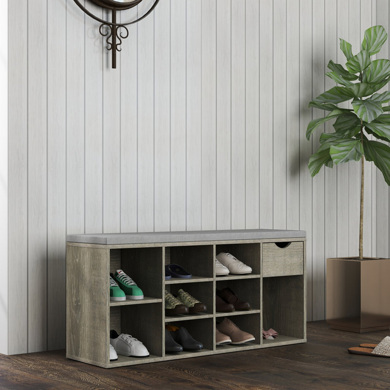 Banc de rangement multifonctionnel pour hall d'entrée avec coussin rembourré, tiroir et compartiments ouverts pour chaussures et accessoires