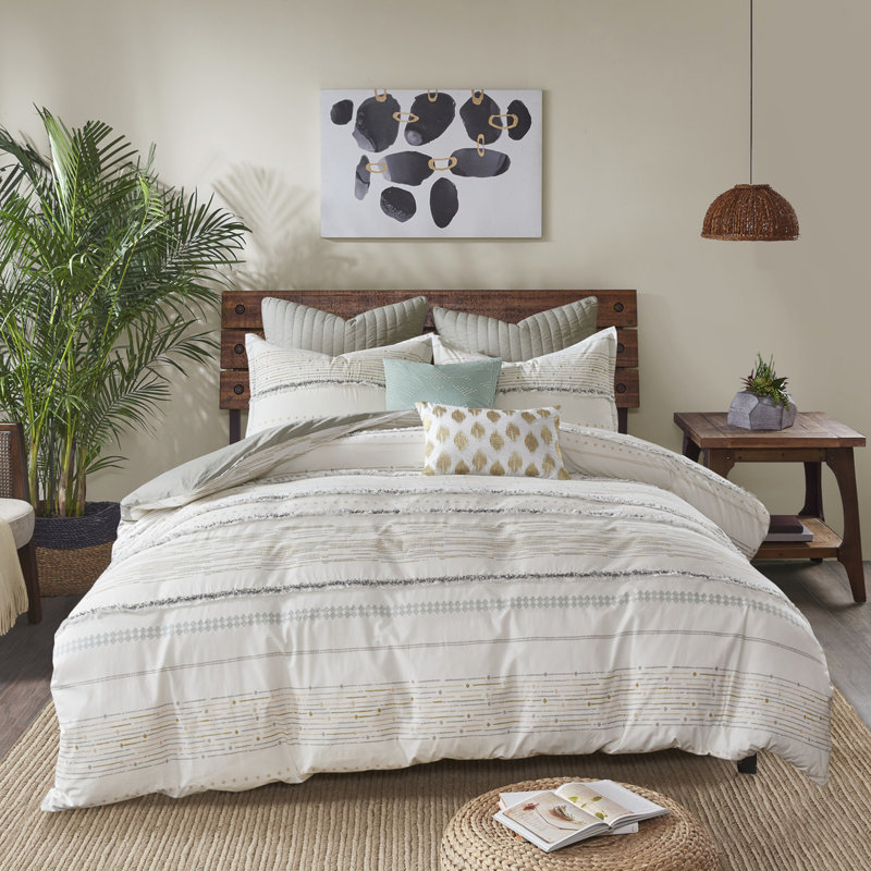 Housse de couette en coton pour grand lit avec motif imprimé et garnitures à pampilles - décor moderne