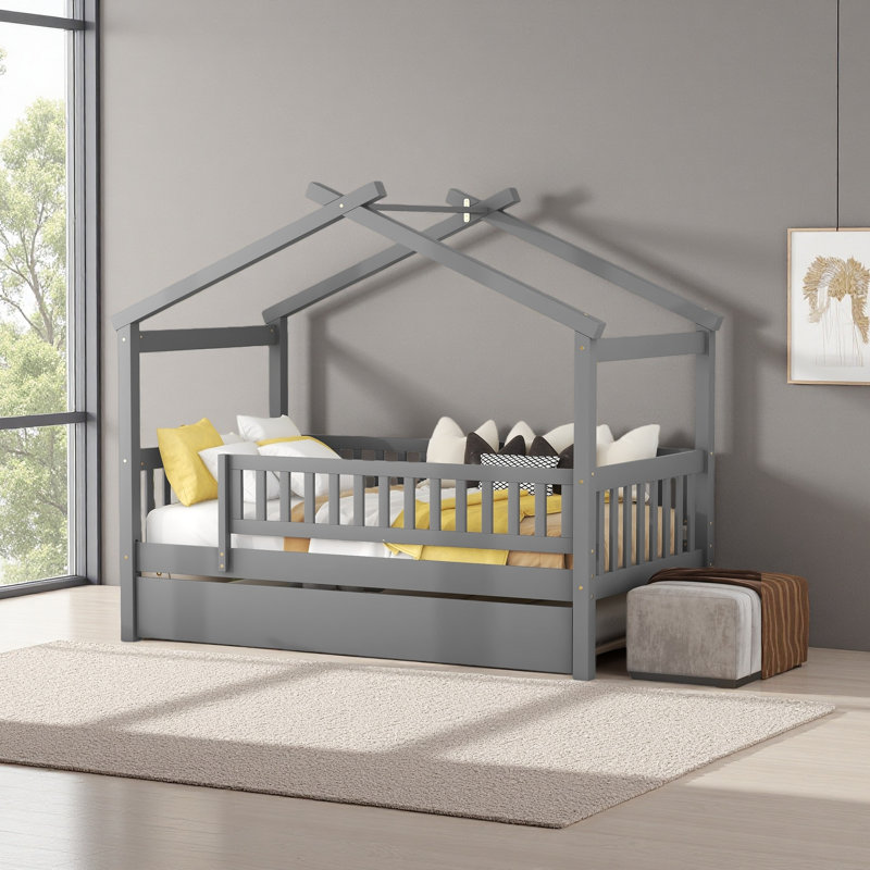 Wooden House Bed With Twin Size Trundle, Gray, Twin
