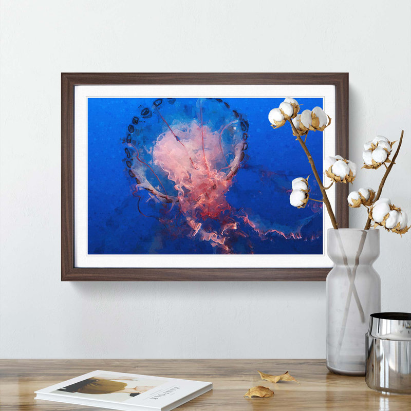 Jellyfish in Pink & Blue in Abstract - Framed Print, 50cm H x 76cm W x 2cm D, Walnut
