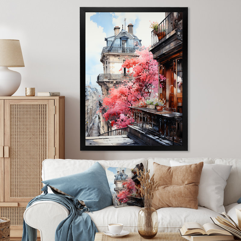 " Pink Paris Parisian Balconies I ", Black Picture Frame, 20" H x 12" W x 1" D