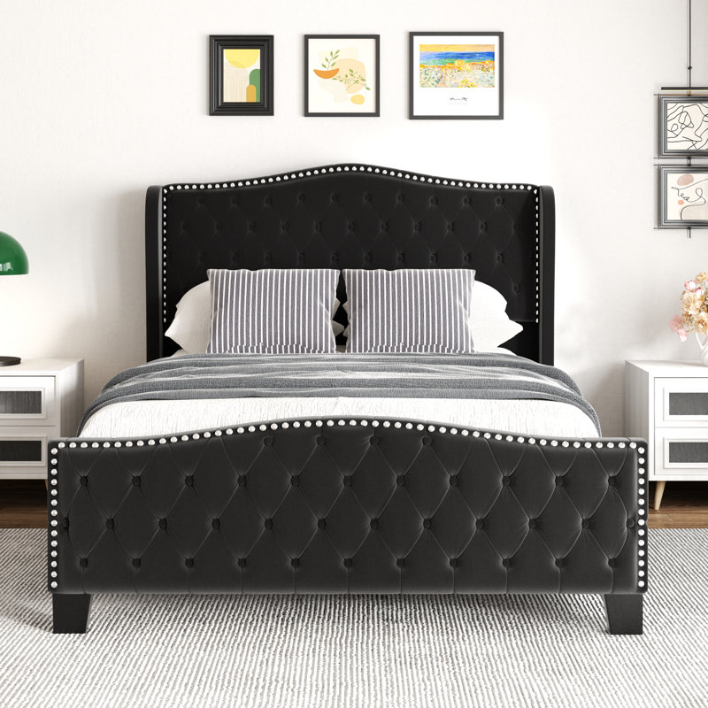 Mieya Velvet Upholstered Platform Bed Frame with Button Tufted Wingback Headboard and Footboard, Queen, Black