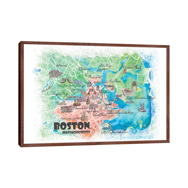 Boston Massachusetts USA Illustrated Map by Markus & Martina Bleichner - Painting on Canvas, 101.6cm H x 152.4cm W x 3.81cm D
