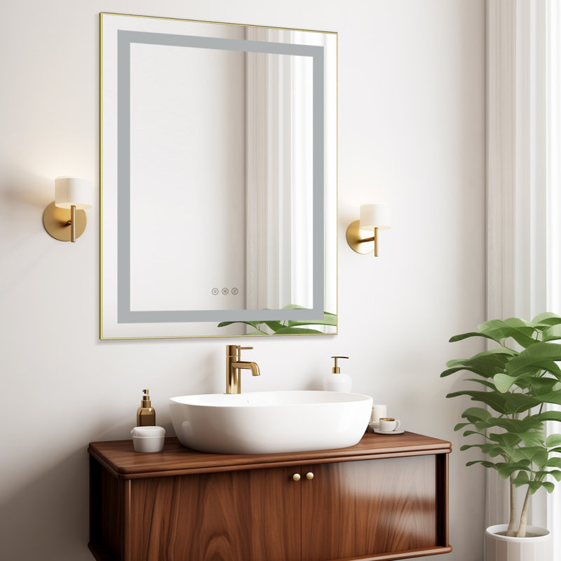Miroir de salle de bain à DEL avec miroir, rétro-éclairage mural, miroir mural, Or brossé, Rectangulaire, 30" x 28"