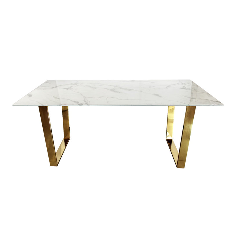 Motilal Faux Marble Top Metal Base Dining Table, 75"H x 180"L x 90"W, White, Gold