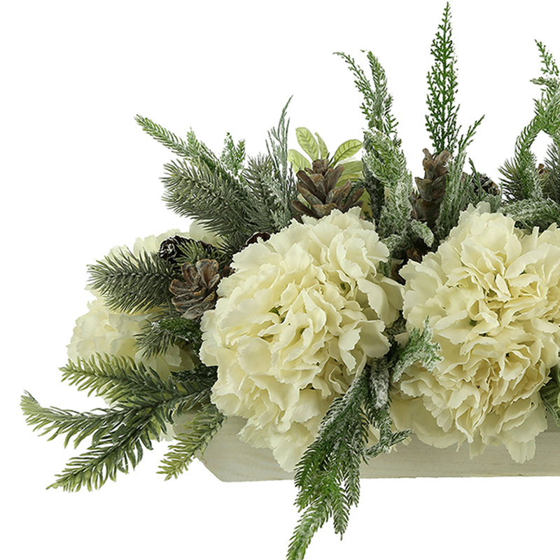 Snowy Evergreen and Hydrangea Holiday Centerpiece