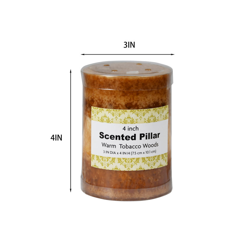Warm Tobacco Woods Scented Pillar Candle, 4" H x 3" W x 3" D, 1