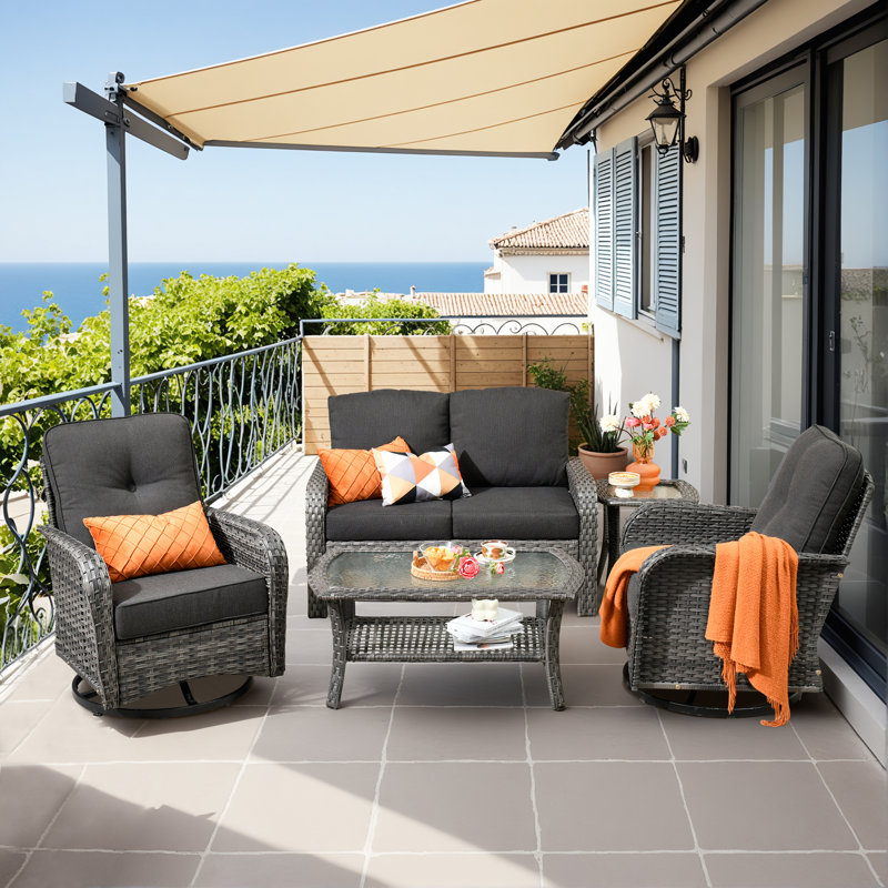 4 - Person Patio Furniture Set with Rocking Swivel Chairs, Outdoor Wicker Rattan Loveseat Seating Group with Cushions, All Weather Sofa Conversation Set with End Table for Garden Backyard