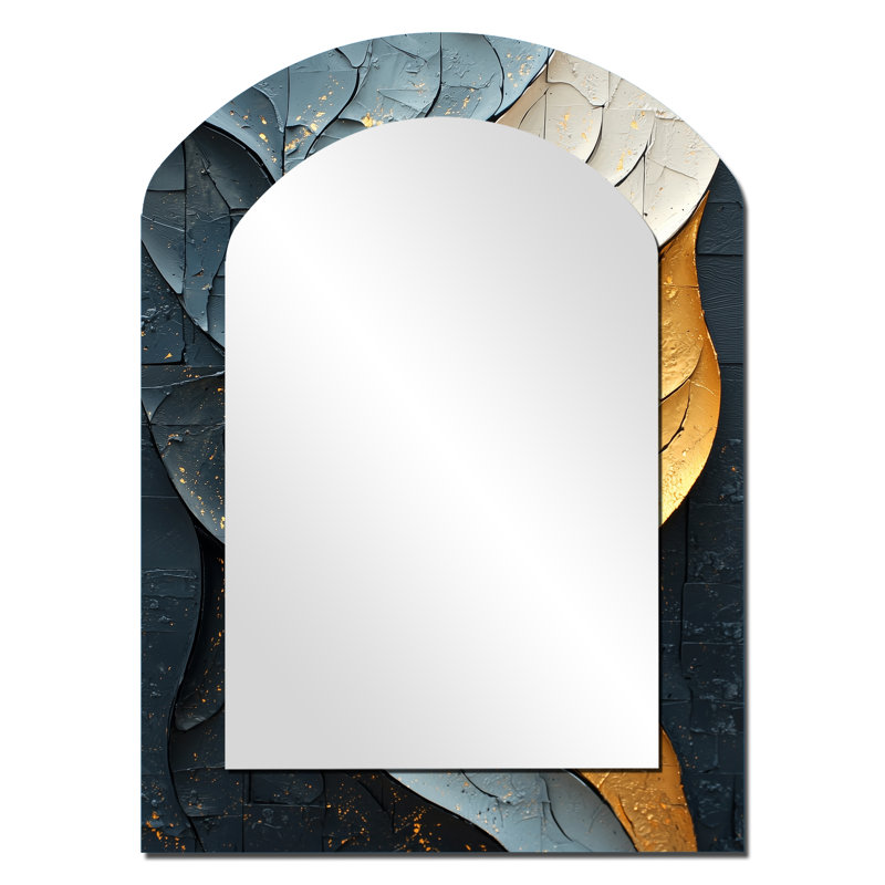 Gold Grey Fleeting Shadows II - Modern Arch Decorative Mirror, Modern Asymmetrical Wall Mirror, Printed Metal Art, 34" x 25"