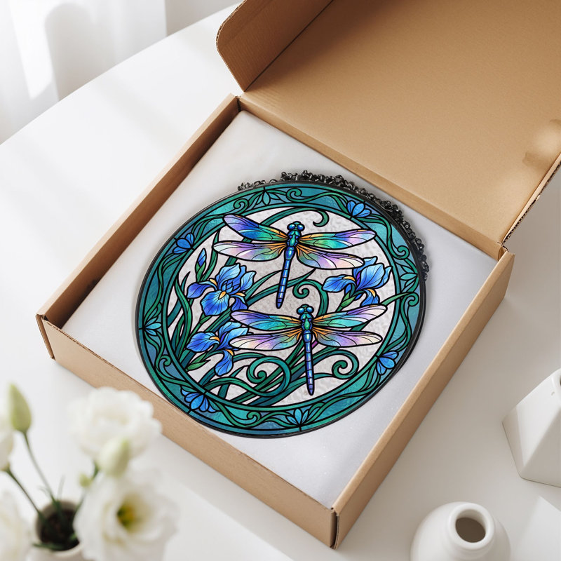 Dragonfly Iris Stained Glass Window Panel，7.8H, 7.8"H