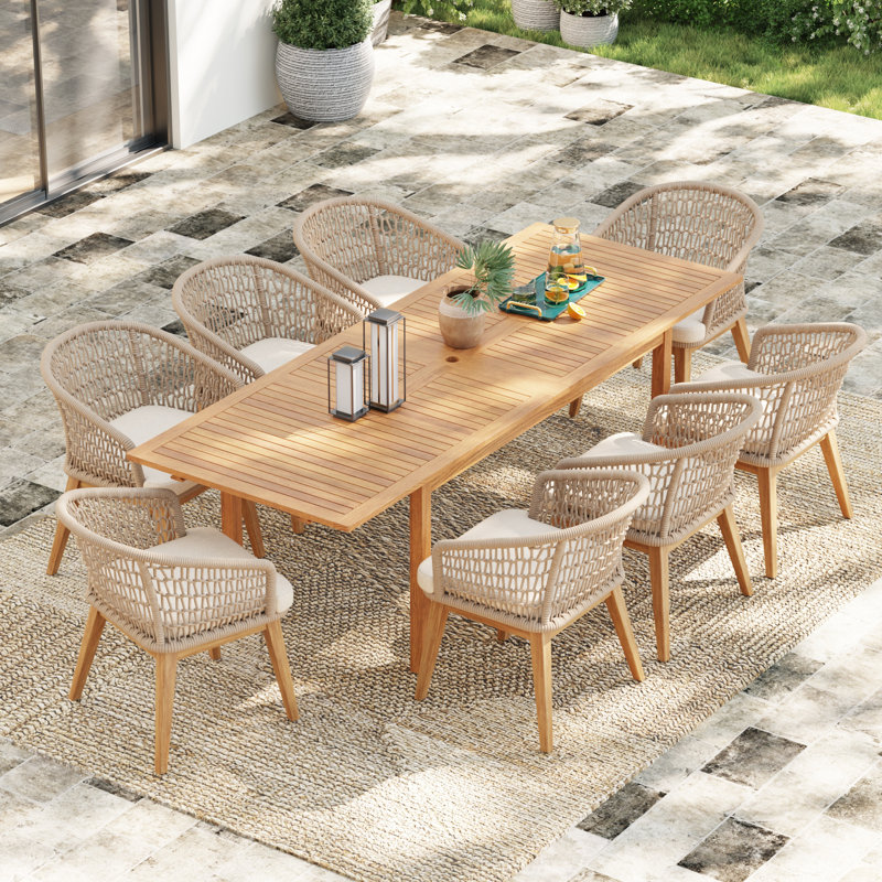 Ensemble repas 8 personnes pour l'extérieur avec trou pour parasol