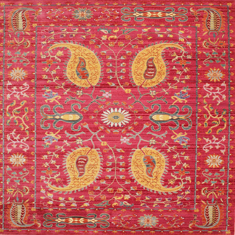 Tapis traditionnel rose / rouge / orange, Carré 3 pi