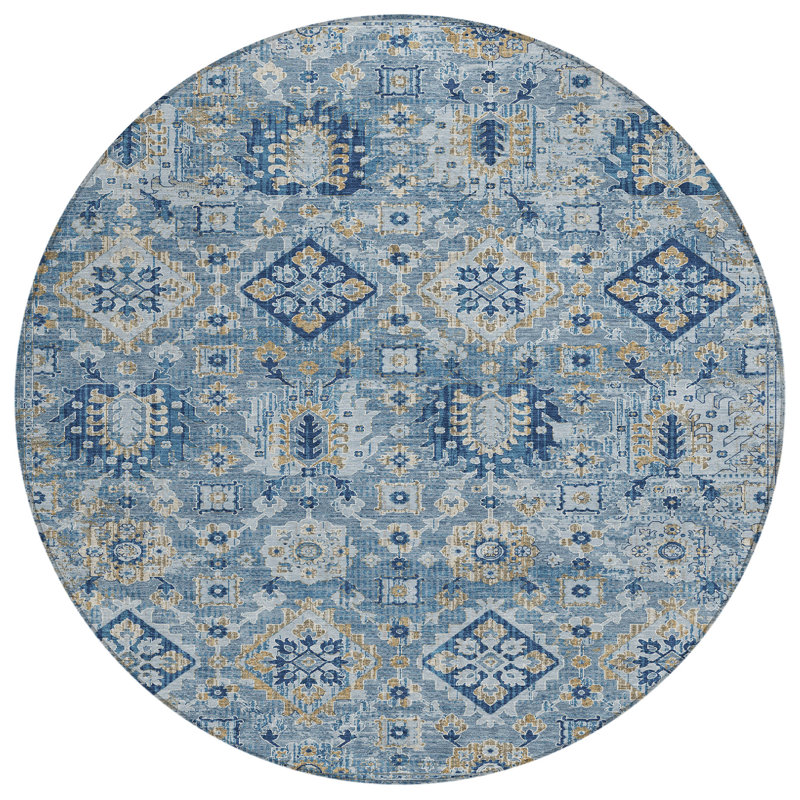 Machine Washable Indoor/Outdoor Xhevrie Denim Rug, Round 8'