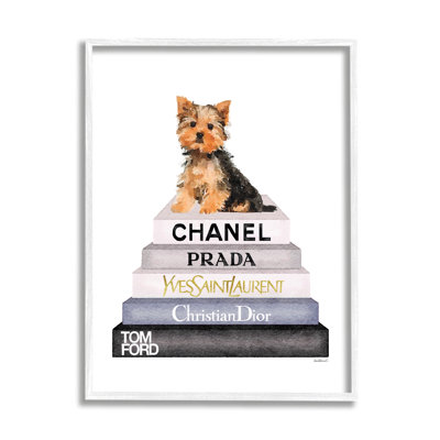 " Book Stack Yorkie Dog Glam Fashion " Watercolor Print