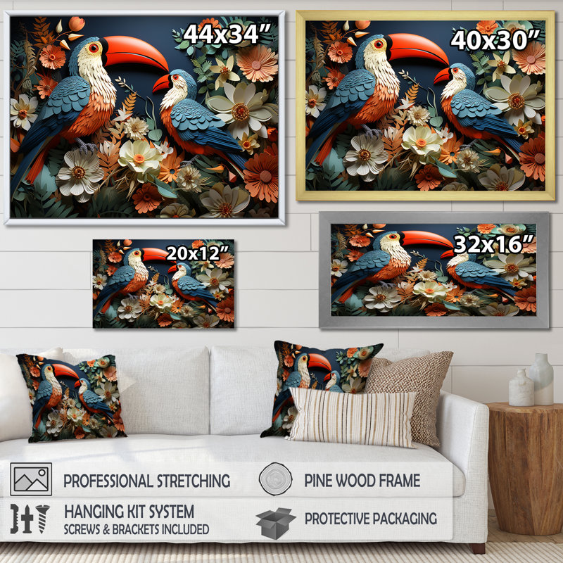 Bleu et rose, tropiques, toucan, collage II - art mural toucan, Cadre d'angle fermé noir, H 34 po x l 44 po x P 1,5 po