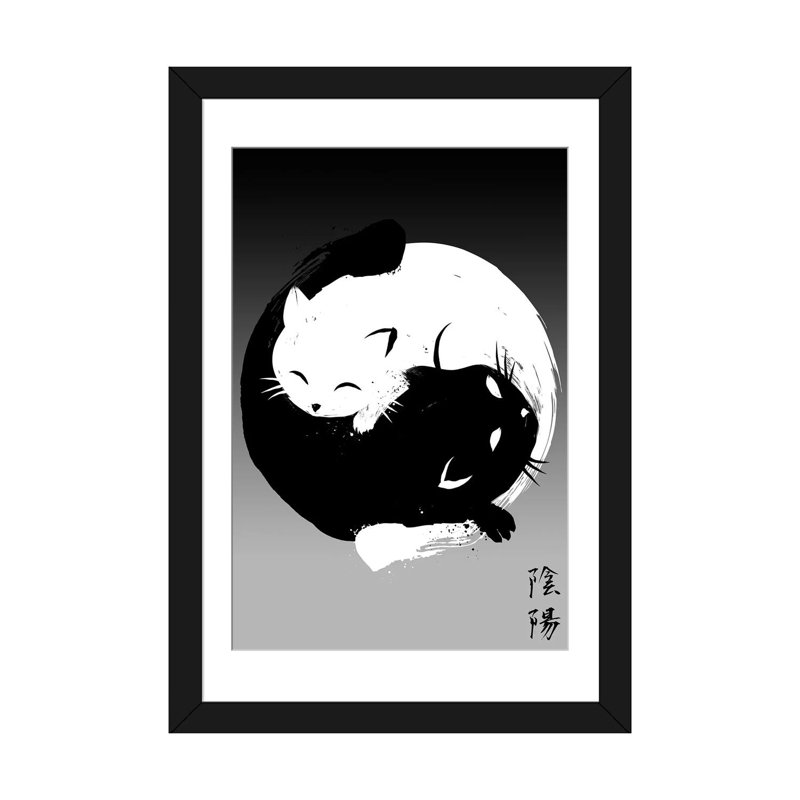 Yin Yang Cats, White, 32" H x 24" W x 1" D, Black Open Corner Framed Paper