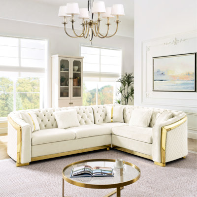 Canapé modulaire en forme de L de 106 pouces, beige, accents en acier inoxydable doré, bouton en velours, 5 coussins, siège moelleux, dossier, accoudoirs roulés pour un espace de vie, canapé de luxe beige, sièges, rembourrage en éponge haute