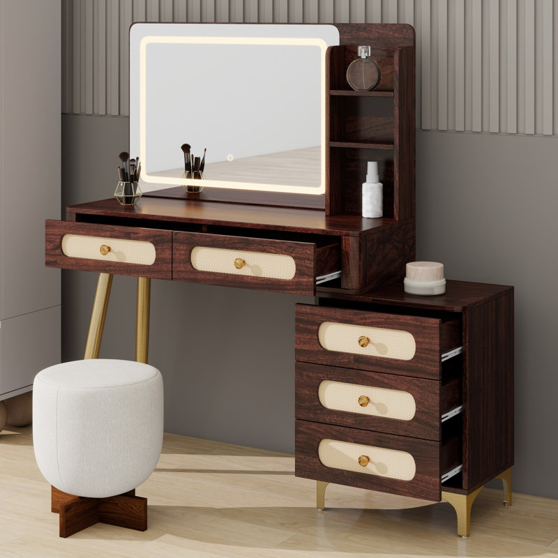 Coiffeuse rétro avec miroir, 5 tiroirs, tiroir d'appoint en rotin et tablette de rangement, Brun
