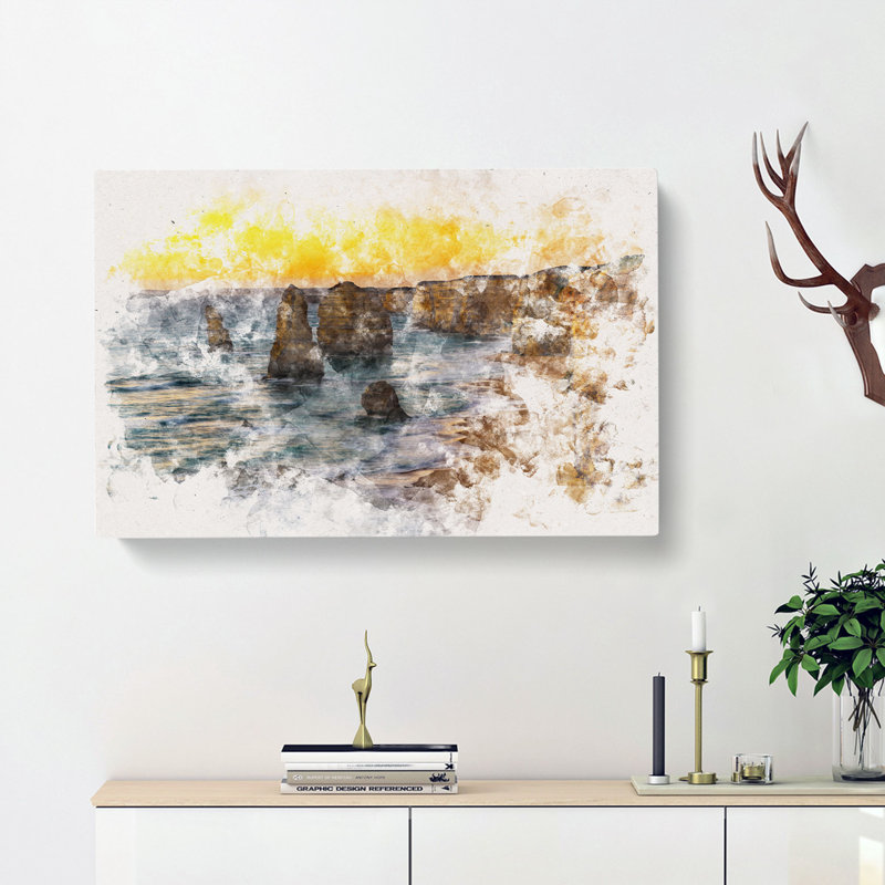 Sunset Over The Twelve Apostles Watercolour - Wrapped Canvas Print, 35cm H x 50cm W x 3cm D