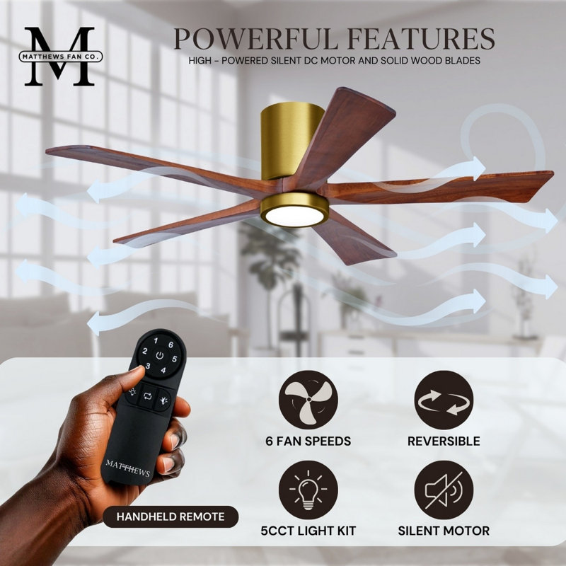 Irene Flushmount Light Kit 5 Blade LED Ceiling Fan, Brushed Brass, Walnut Tone, 60"
