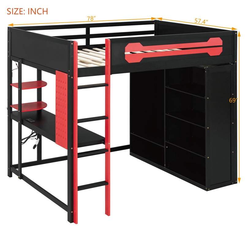 Neriah Wood Loft Bed with Desk, Open Wardrobe & RGB Light, Red