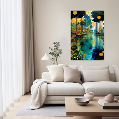 «Enchanted Forest River», art coloré abstrait paysage de forêt paisible