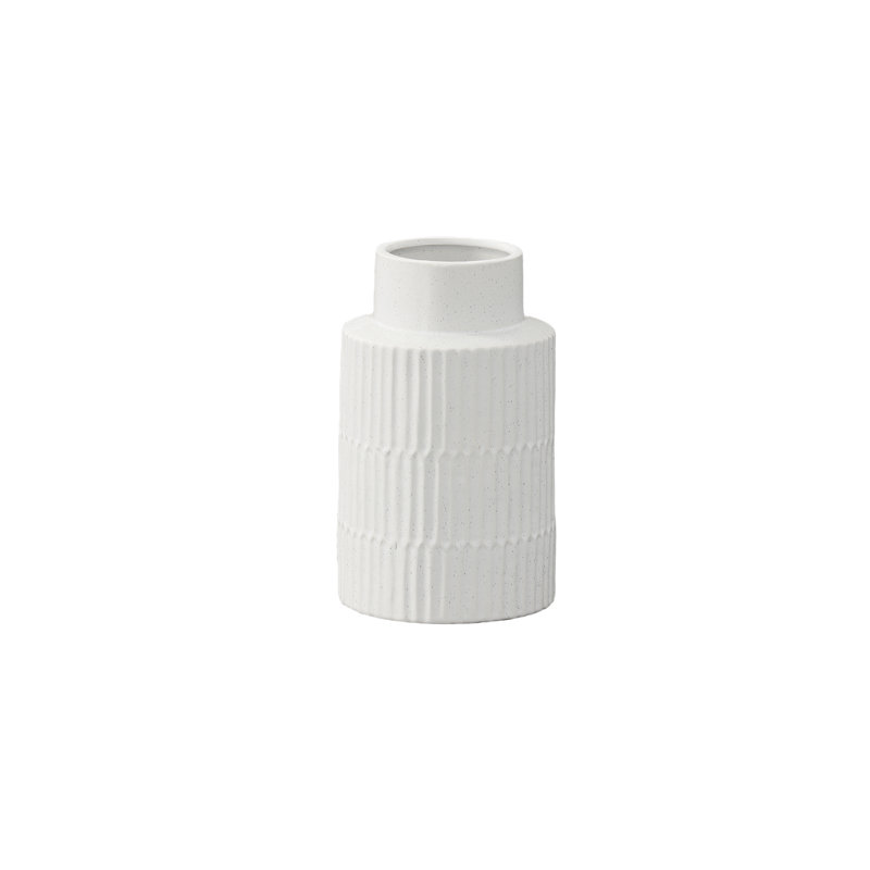 Ceramic Round Vase with Wide Opening, Debossed Symmetric Column and Speckled Design Body SM Gloss Finish White