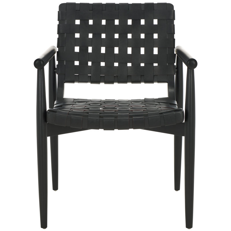 Keili Upholstered Armchair, Black Genuine Leather, Black Mahogany Wood