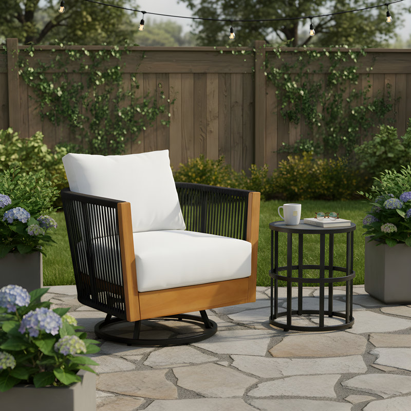 Hyozo Outdoor Acacia Wood Conversation Set With Woven Rope & Ceramic Tile Side Table, 2 Pcs: Table, Chair
