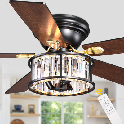52" Farmhouse Crystal Ceiling Fan with Light, Black and Gold Flush Mount Ceiling Fan with 5 Blades, Low Profile Ceiling Fan