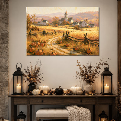 Art mural d'automne, art mural sur toile citrouille aux couleurs chaudes de l'automne, décoration murale d'automne pour maison de campagne, toile tendue avec châssis pour le salon et l'entrée, 36 po x 48 po