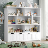 Kirklyn 49.4"W 7 Cube Bookcase, Standard Bookcase With 4 Removable Drawers, Wood Storage Standard Bookshelves