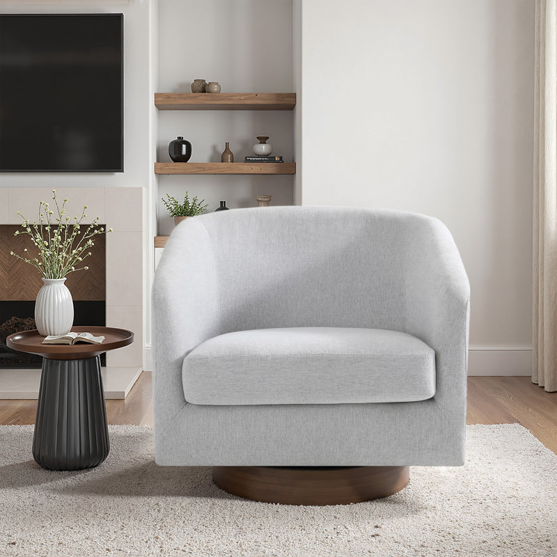 Fauteuil demi-tonneau pivotant en chenille beige avec base en bois massif Applewold, Chenille beige