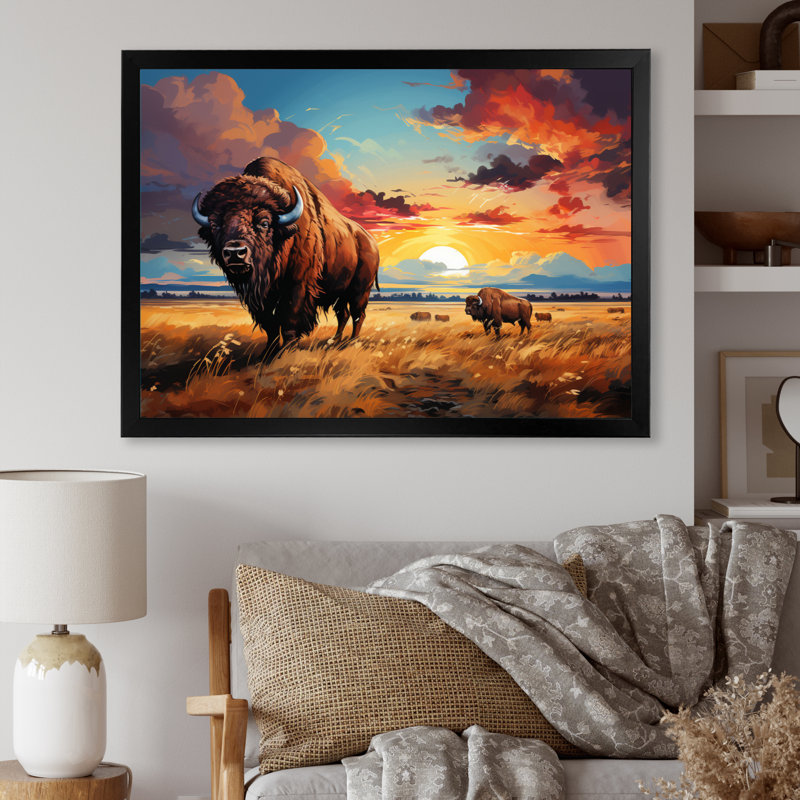 Art amérindien Bison Prairies III - impression, H 16 po x l 32 po x P 1 po, Cadre simple noir
