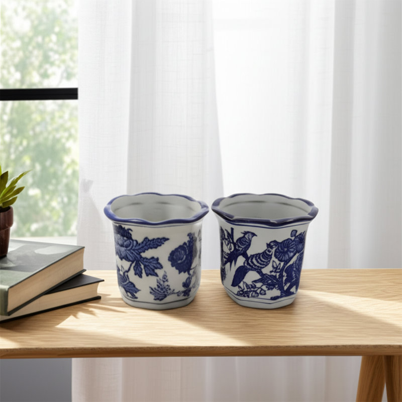 Contenants de rangement en grès cérame à motif floral et scénique traditionnel Glam Decor pour la maison ou le bureau, ensemble de 2 à 4 po - bleu et blanc
