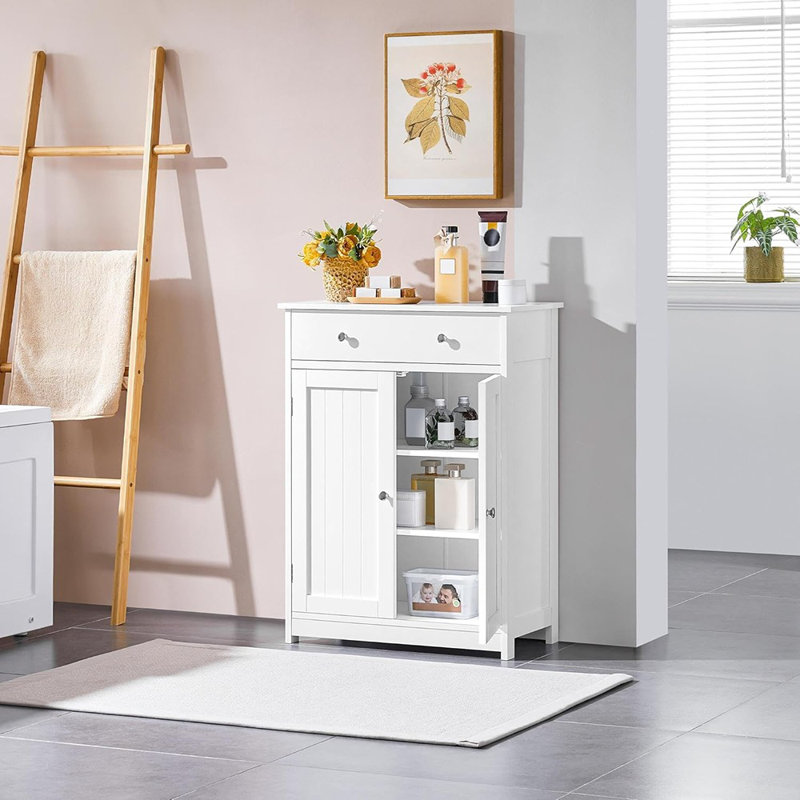 Armoire de rangement autoportante pour salle de bain en bois avec 1 tiroir, 2 portes et tablette réglable, blanc