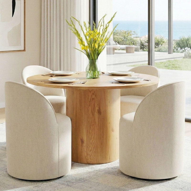 Ensemble de table de salle à manger pour 4 personnes avec table ronde et 4 chaises roulantes rembourrées, Naturel, Beige