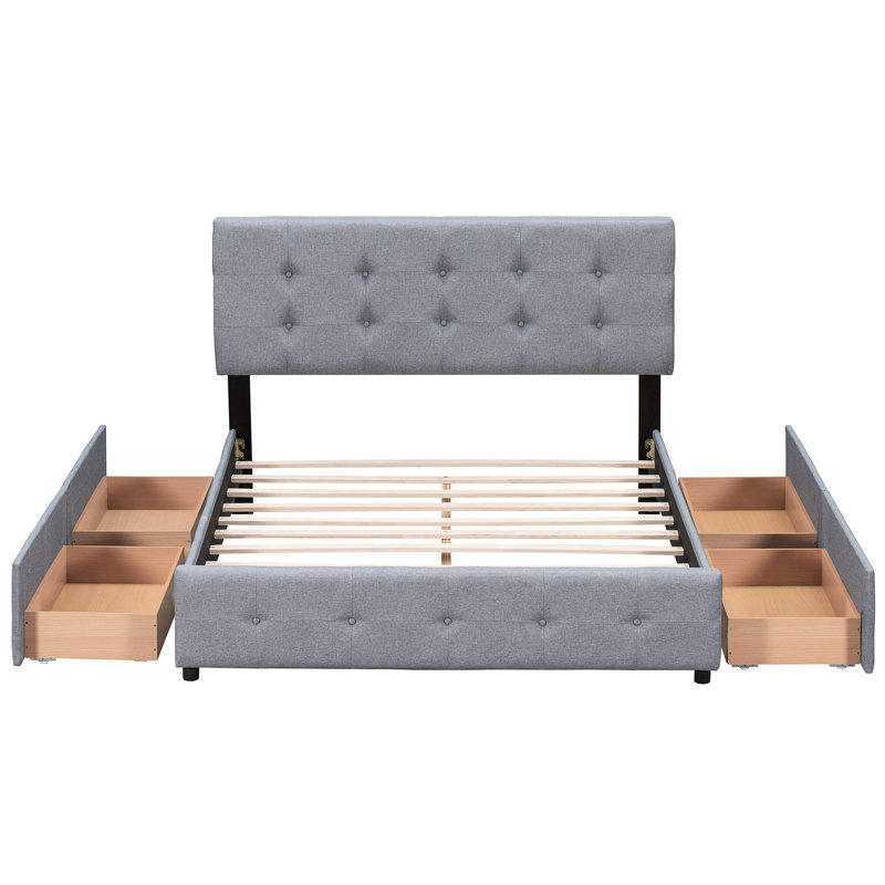 Upholstered Queen Platform Bed With 4 Drawers And Classic Headboard - Gray No Box Spring Attractive Button- In Size Strong Chic Design