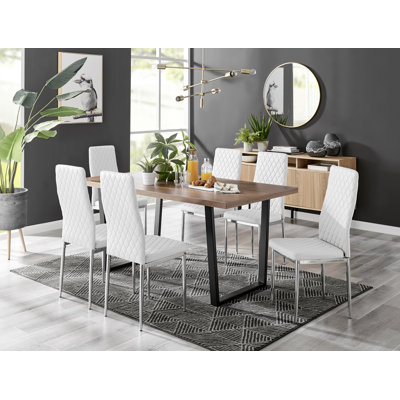 Kylooe Modern Brown Wood And Black Metal Dining Table Set With 6 Quilted Faux Leather Dining Chairs