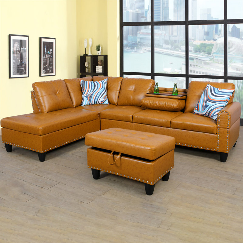 Plyler 97.2" Wide Modular Sectional with Ottoman, Left Hand Facing, Ginger Faux Leather