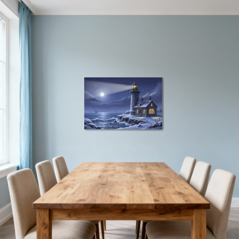 Phare de Noël au clair de lune, scène côtière d'hiver, paysage nocturne, rivage enneigé, H 20 po x l 30 po