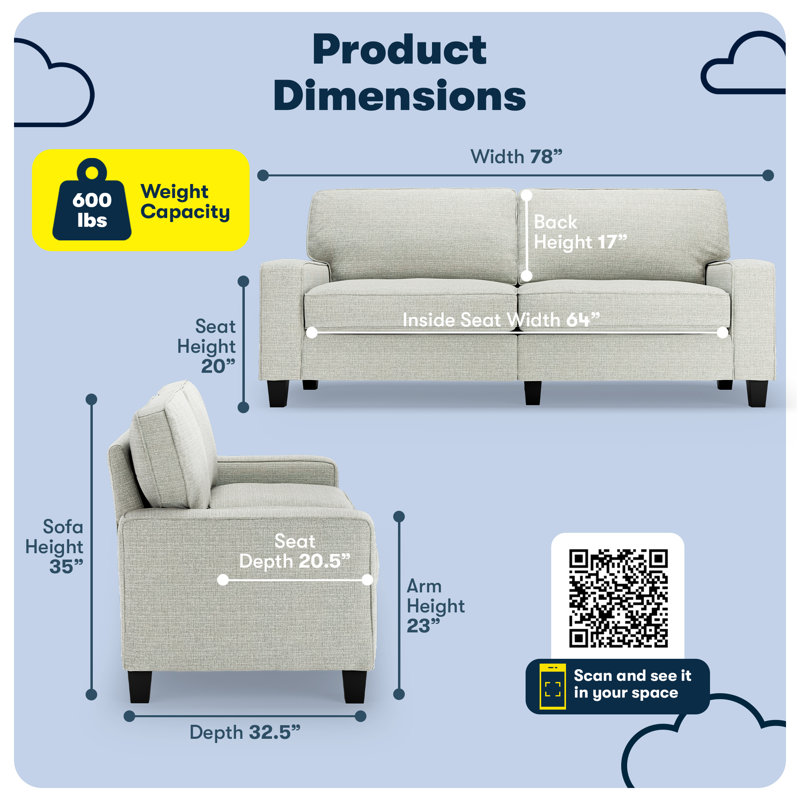 Serta Palisades Track Arm Sofa, Easy Care Fabric, Soft Pillow Back, Pocket Coil Seat Cushions, Pebble Gray Polyester, 78"