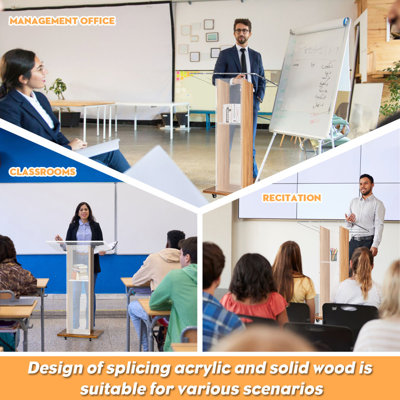 46" Portable Wooden & Acrylic Podium Lectern with Wheels, Church Pulpit Stand with 2 Storage Shelves for Classroom, Conference & Events