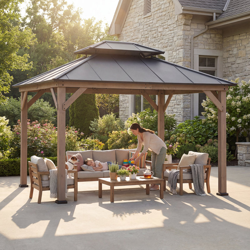 Sunjoy 10 x 12 ft Cedar Wood Gazebo, Outdoor 2-Tier Dark Brown Coated Steel Hardtop for Patio, Lawn & Backyard, Brown