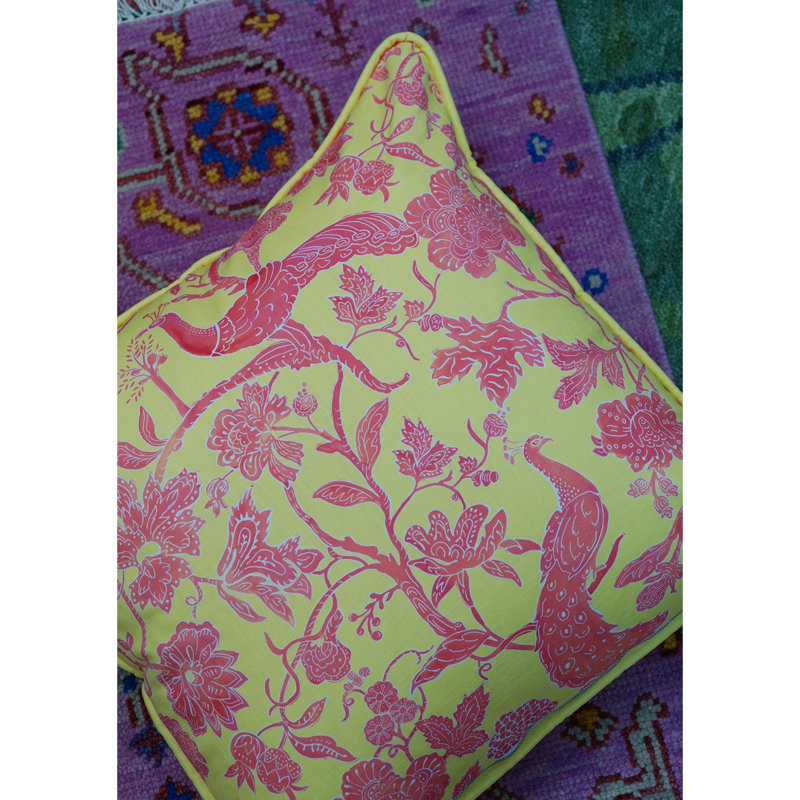 Peacock Batik Square Pillow Cover, Yellow/Pink, 20" H x 20" W