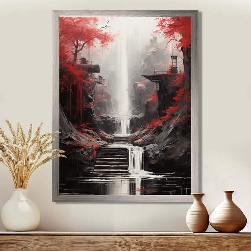 «Red Tree Endless Waterfall Journey», art sur toile, Cadre simple argenté, H 44 po x l 34 po x P 1,5 po