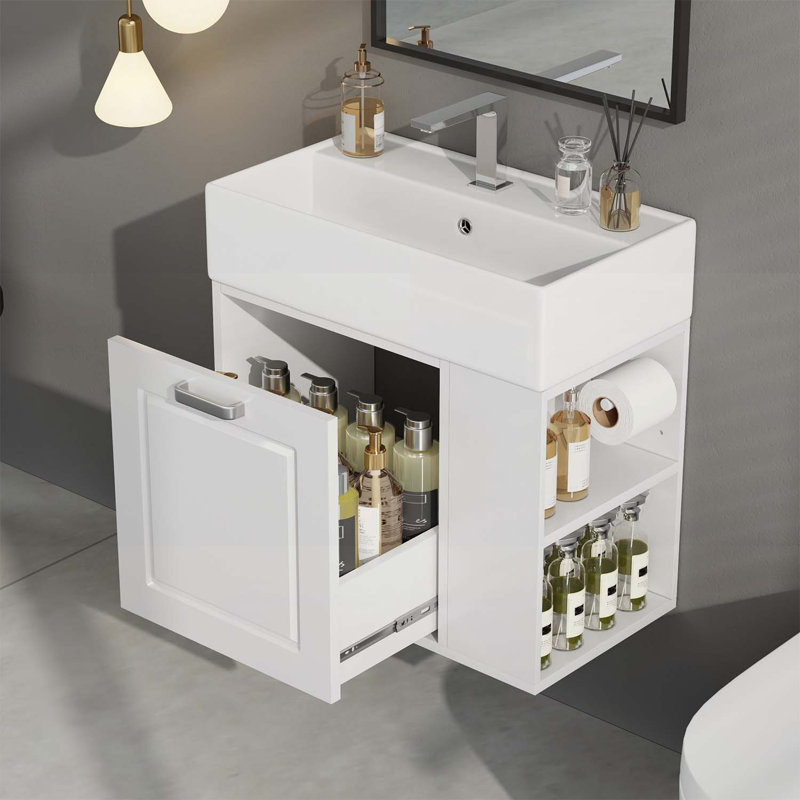 Meuble-lavabo mural flottant avec lavabo, grand tiroir, tablette réglable et système de fermeture en douceur, Blanc