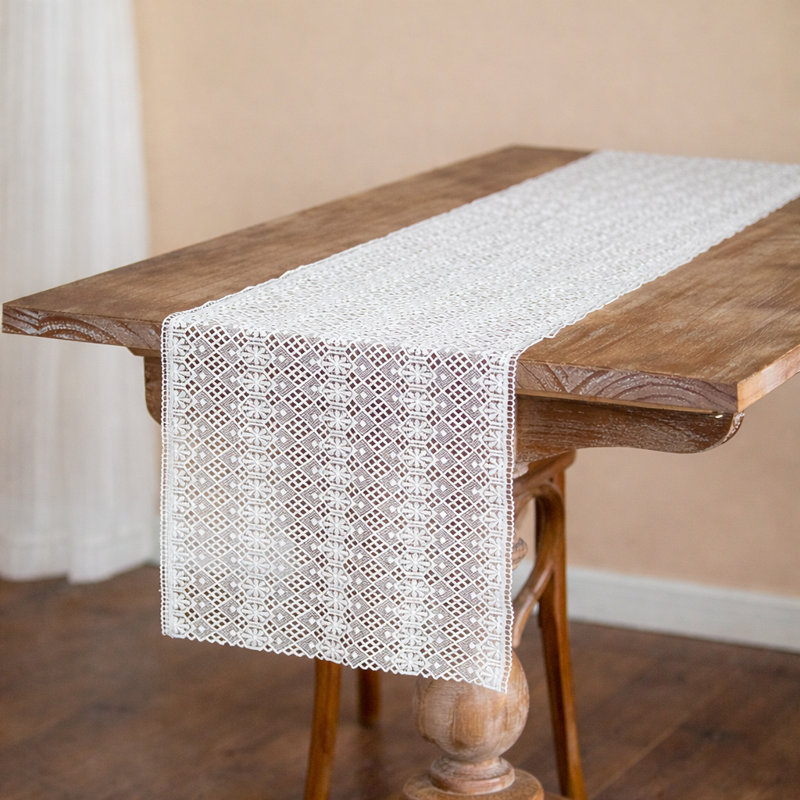 White Embroidered Geometric Floral Hollow Lace Table Runner 14" W X 71" L