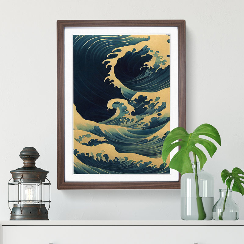 Traditional Japanese Wave No.5 - Wall Art, 66cm H x 48cm W, Walnut Framed, White